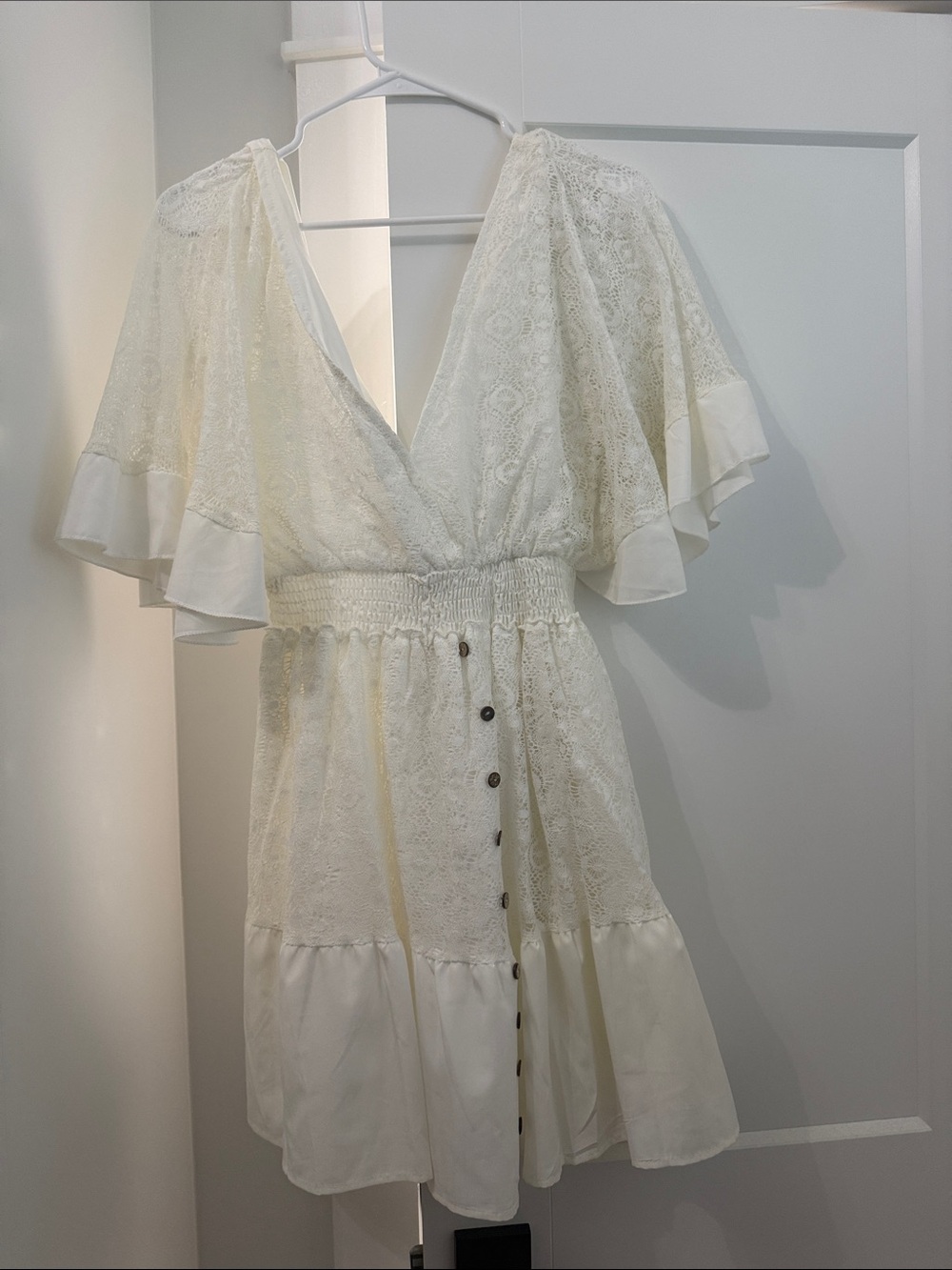 White Lace V-Neck Flutter Sleeve Dress